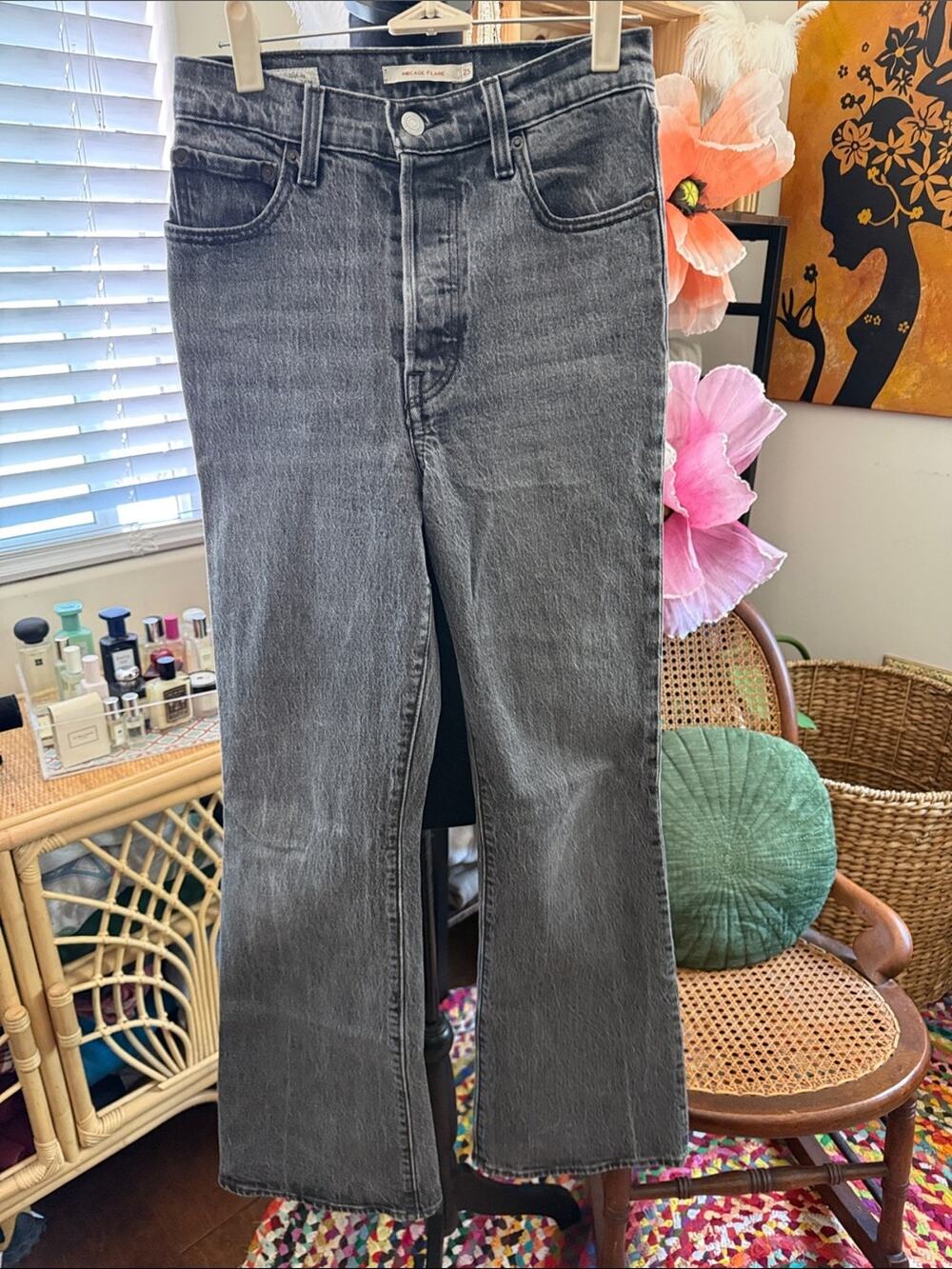 Levi’s Distressed Gray Ribcage Flare Button High Rise Boho Hippie Denim Jeans